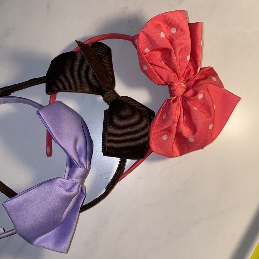 Set of 3 bow headbands lavender purple dark brown coral pink polka dot​ - Picture 3 of 13